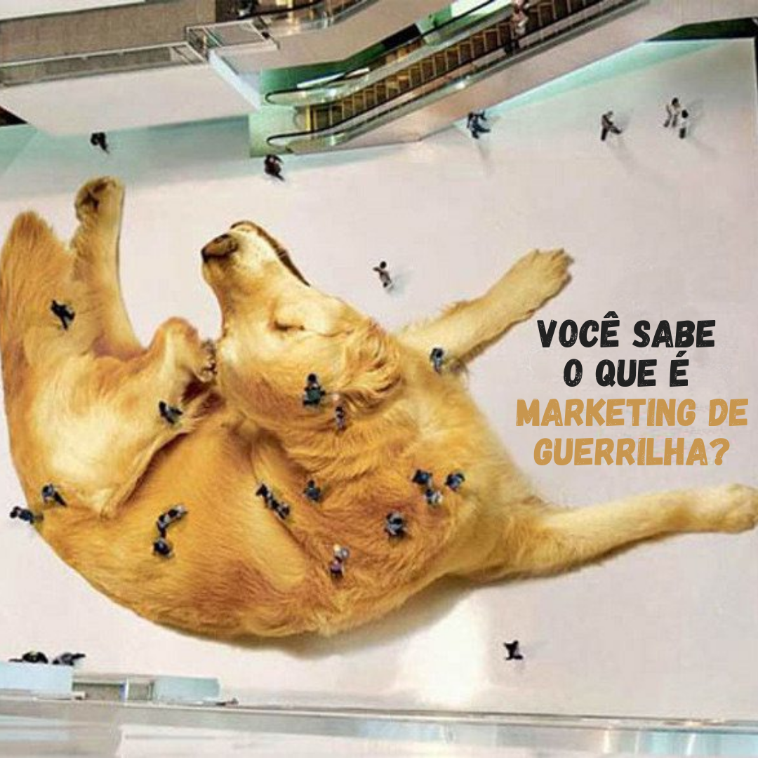 Capa do Post: Você sabe o que é MArketing de Guerrilha? Na foto temos um banner de um cachorro se coçando, impresso no chão de um shoping center. Visto de cima, as pessoas que passam por ali parecem com as pulgas desse cão.