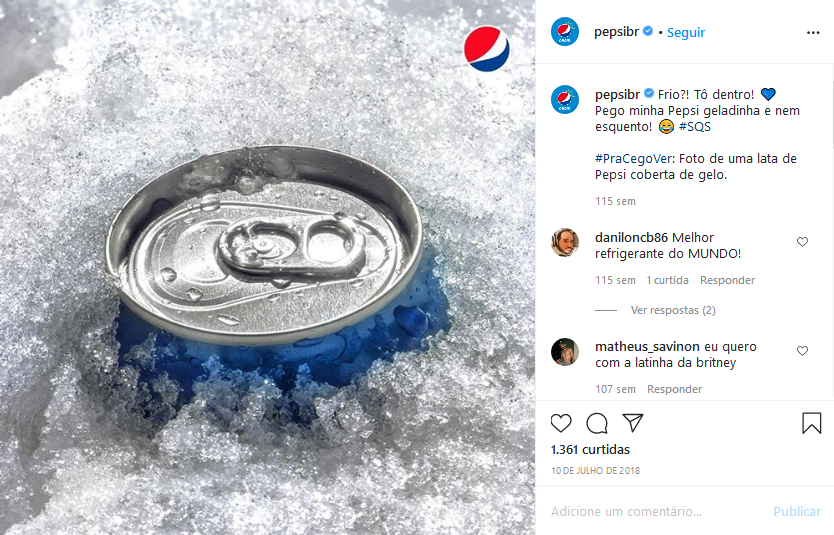 Post da Pepsi no Instagram usando a #PraCegoVer. Na foto mostra uma lata de Pepsi coberta de gelo.