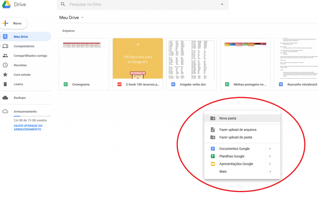 opções de arquivos para cirar no Google Drive