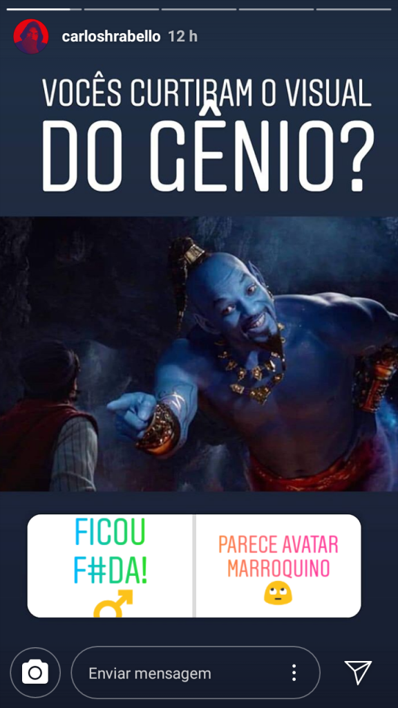 Imagem do Instagram de Carlos, fazendo uma enquete sobre o filme liveaction do Aladin