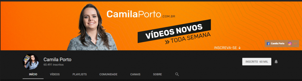Imagem da página inicial do canal "Camila Porto". Mostrando como é sua foto de perfil e imagem de capa