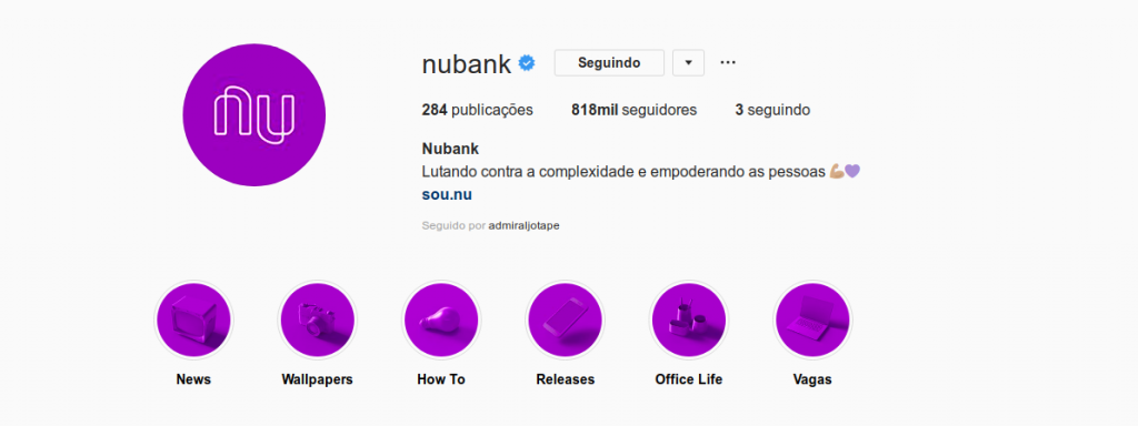 Print do perfil da empresa nubank no instagram