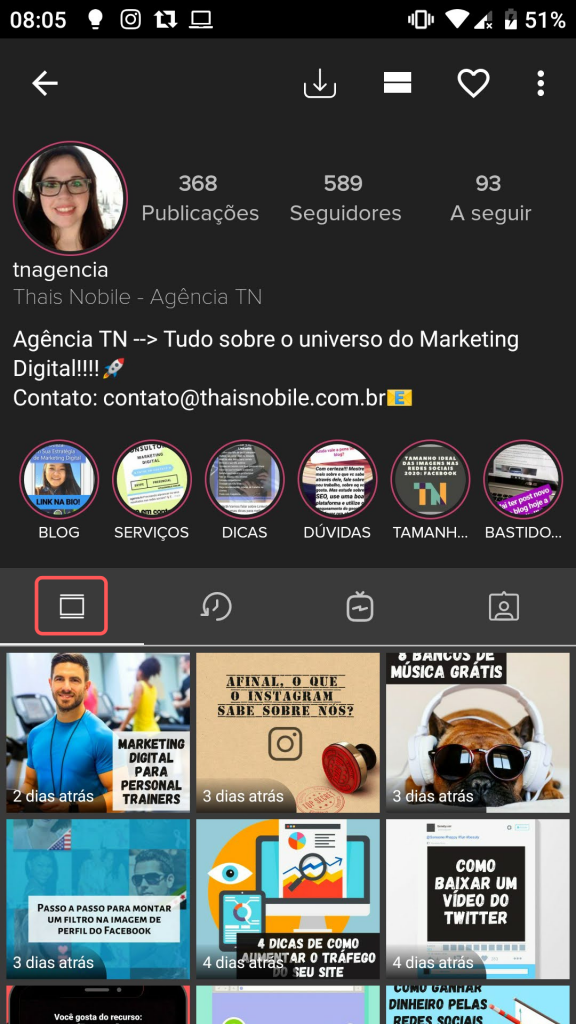 Layout do perfil da Agência TN no Instagram com destaque no botão do feed
